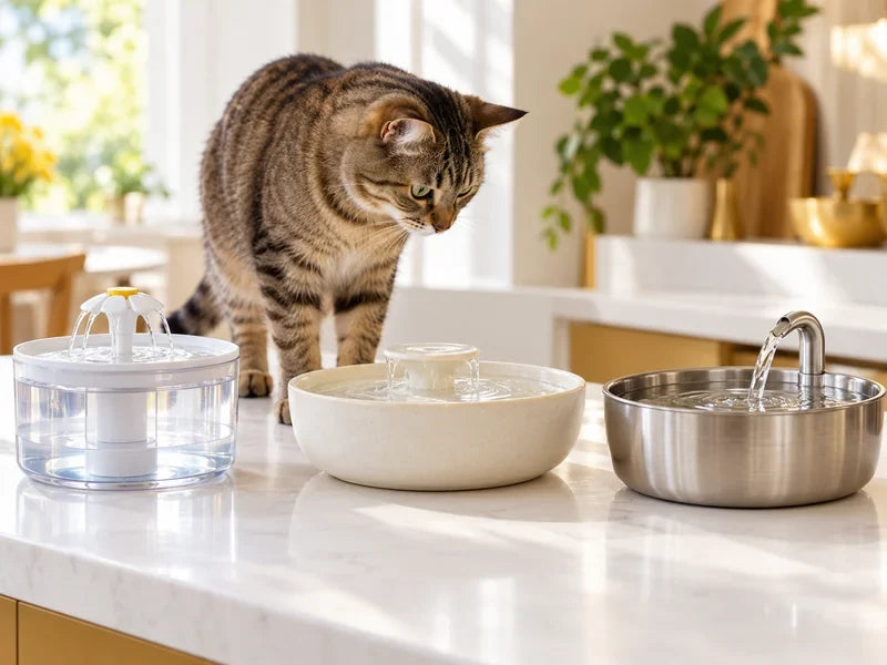 Un chat observe trois fontaines à eau génériques de formes différentes : transparente, céramique et inox.