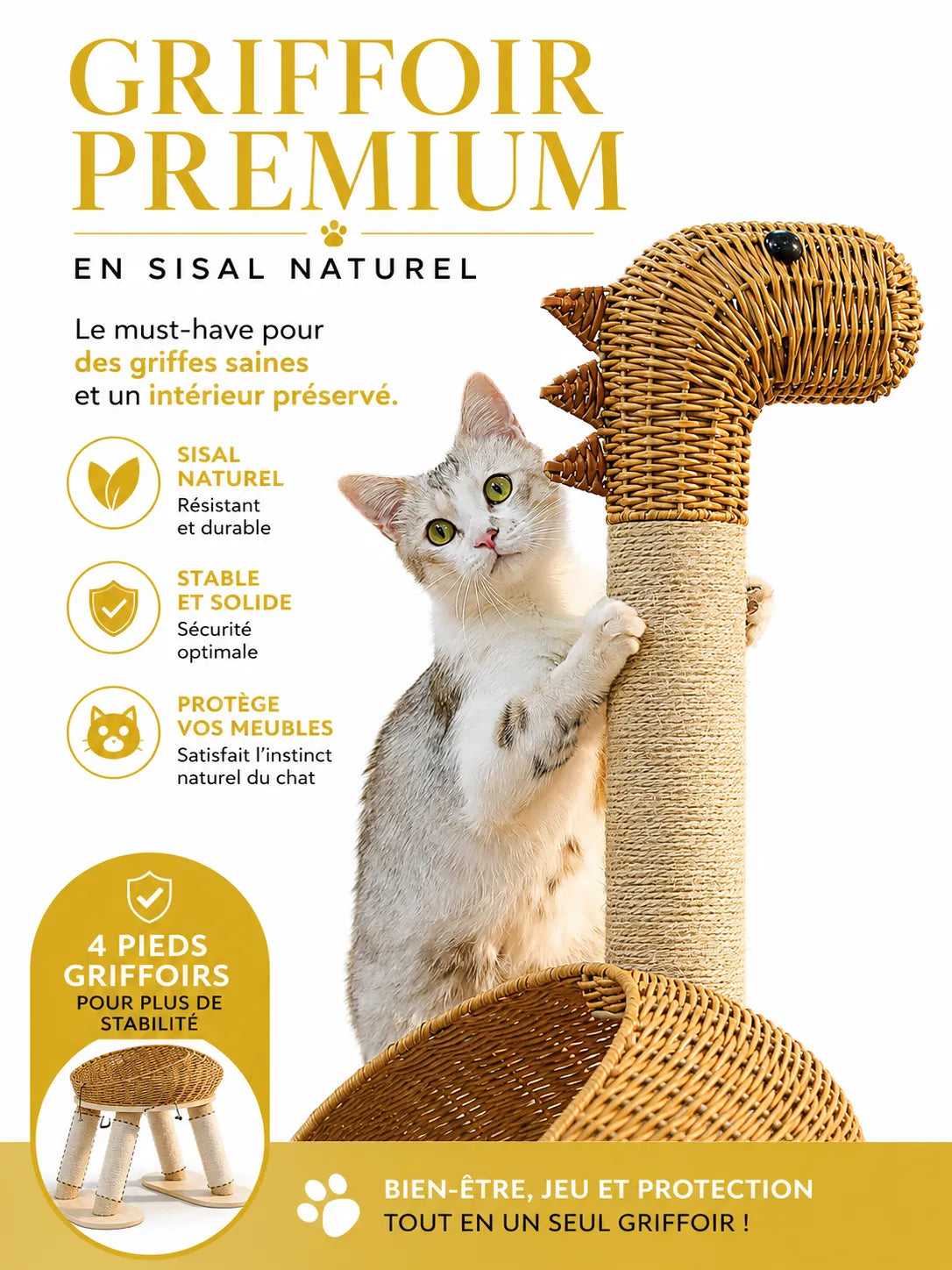 Arbre à Chat Dinosaure Beige en Rotin avec Panier-caracteristique1