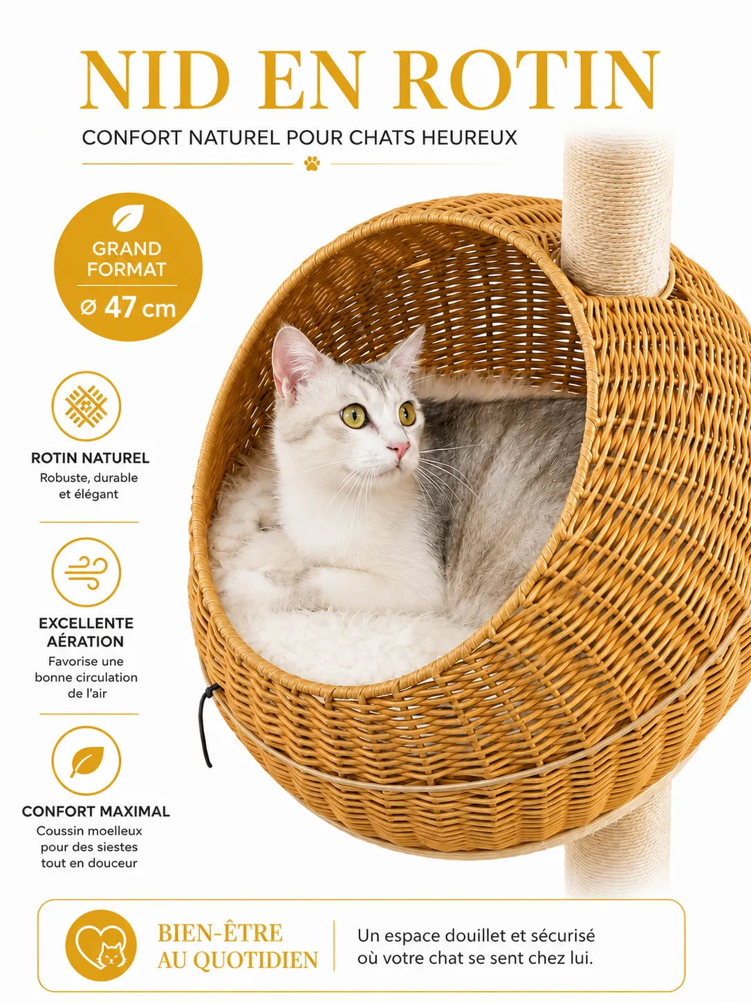Arbre à Chat Dinosaure Beige en Rotin avec Panier-caracteristique2