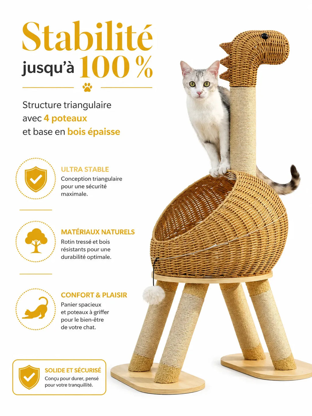 Arbre à Chat Dinosaure Beige en Rotin avec Panier-caracteristique4