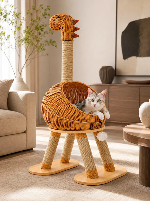 Arbre à Chat Dinosaure Beige en Rotin avec Panier-interieur