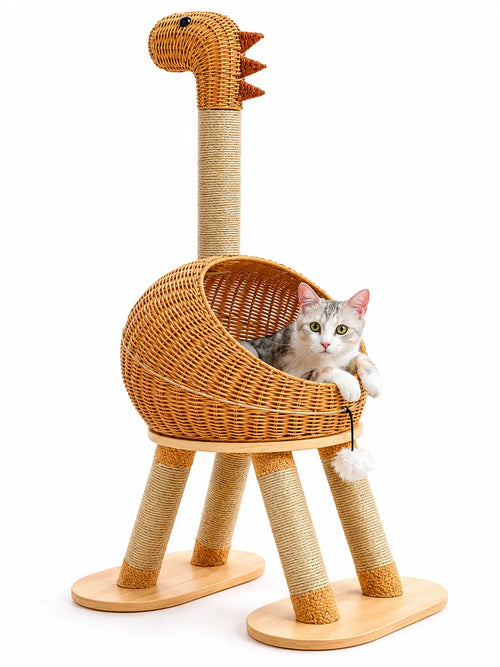 Arbre à Chat Dinosaure Beige en Rotin avec Panier