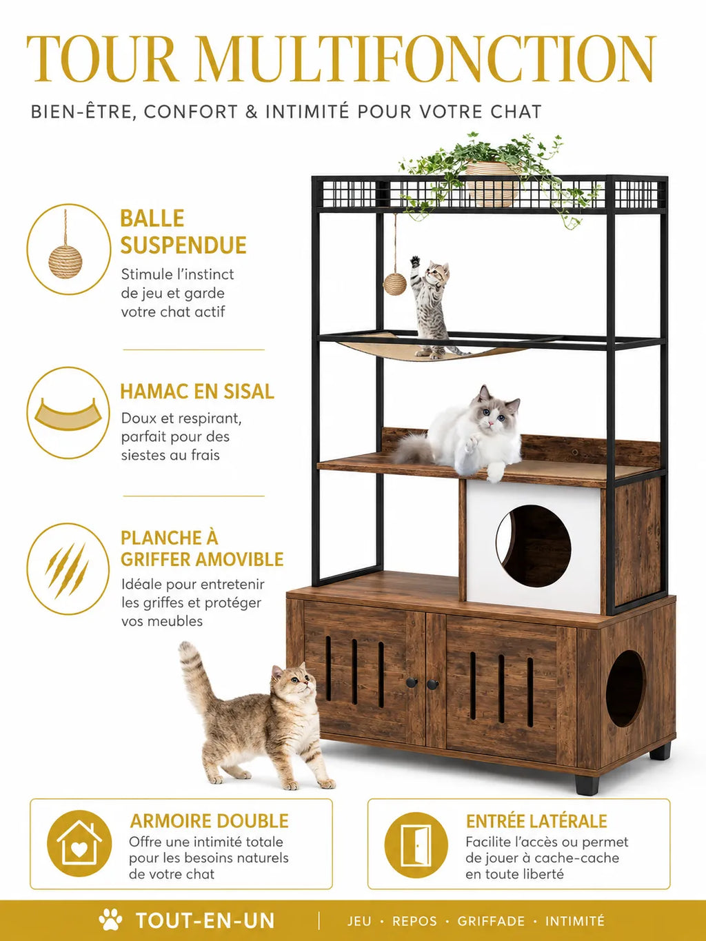 Arbre à Chat Litière Bois avec Hamac 152 cm-caracteristique4