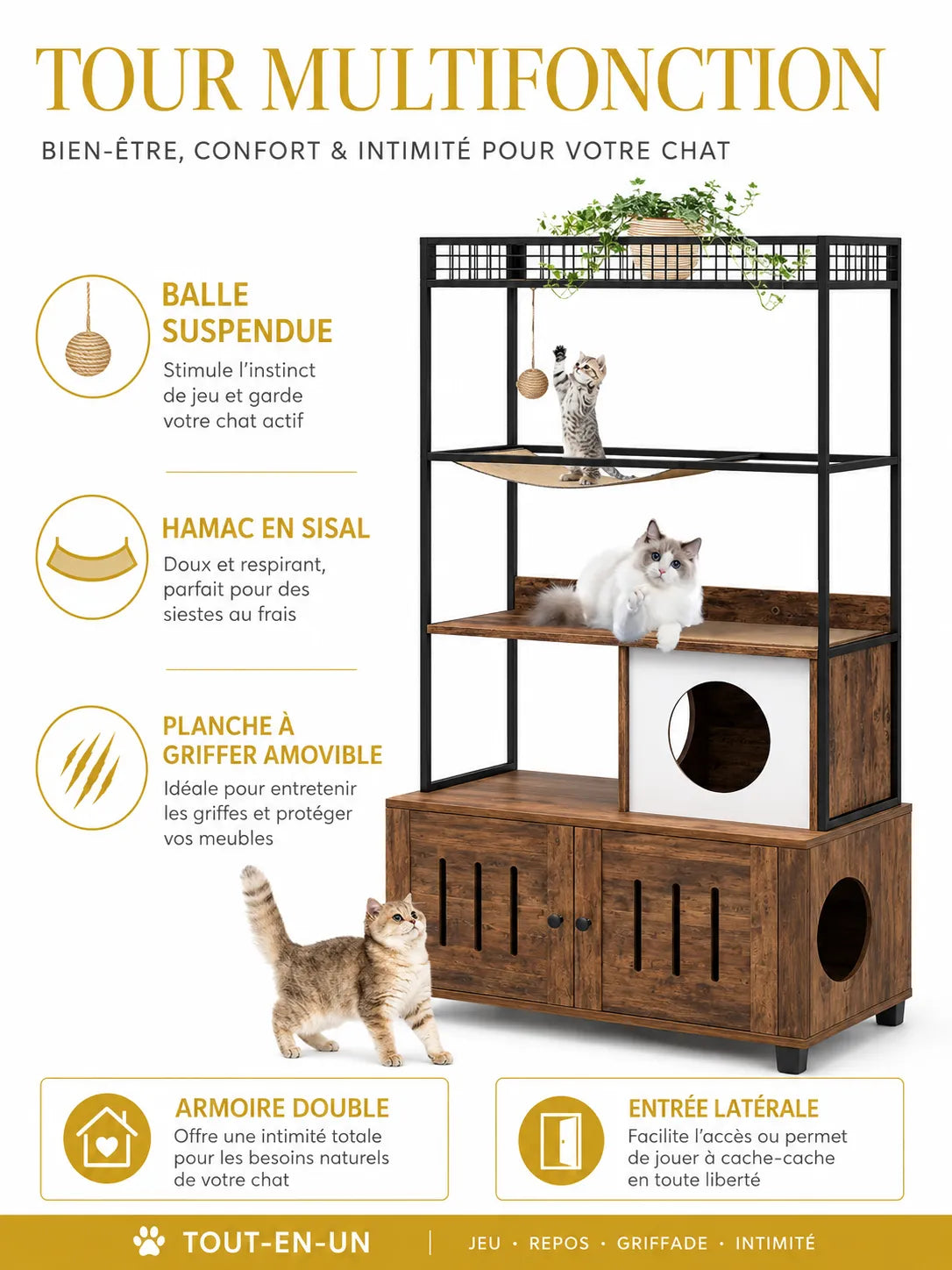 Arbre à Chat Litière Bois avec Hamac 152 cm-caracteristique4