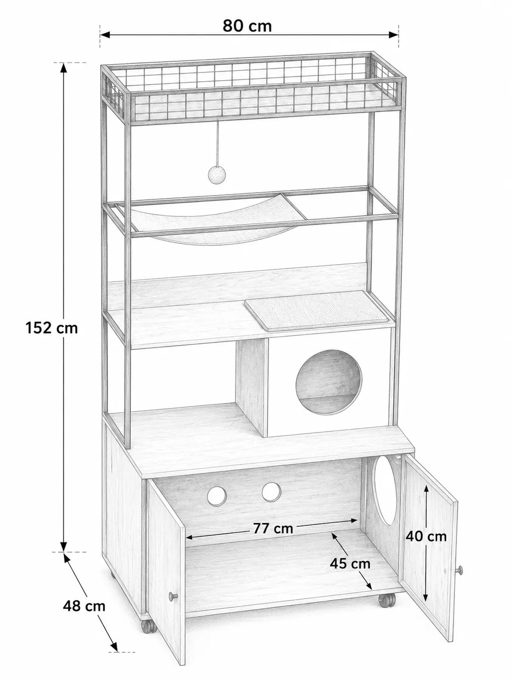 Arbre à Chat Litière Bois avec Hamac 152 cm-dimensions