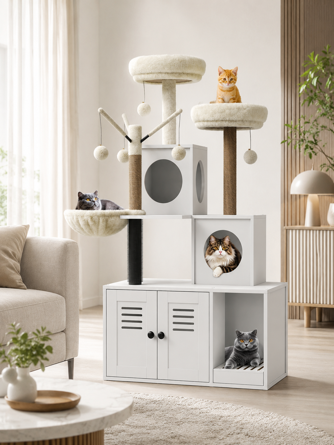 Arbre à Chat Litière blanc avec Perchoirs et Jouets-Interieur