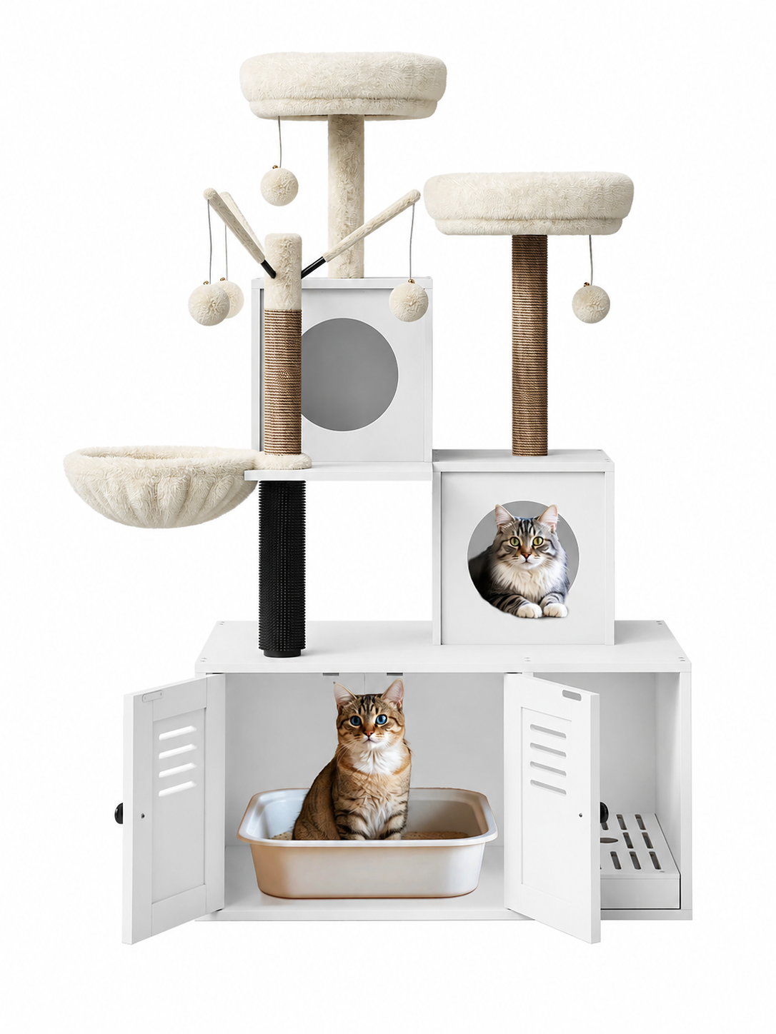 Arbre à Chat Litière blanc avec Perchoirs et Jouets