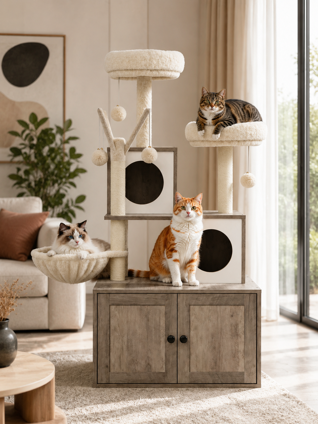 Arbre à Chat Litière gris avec Perchoirs et Jouets-Interieur