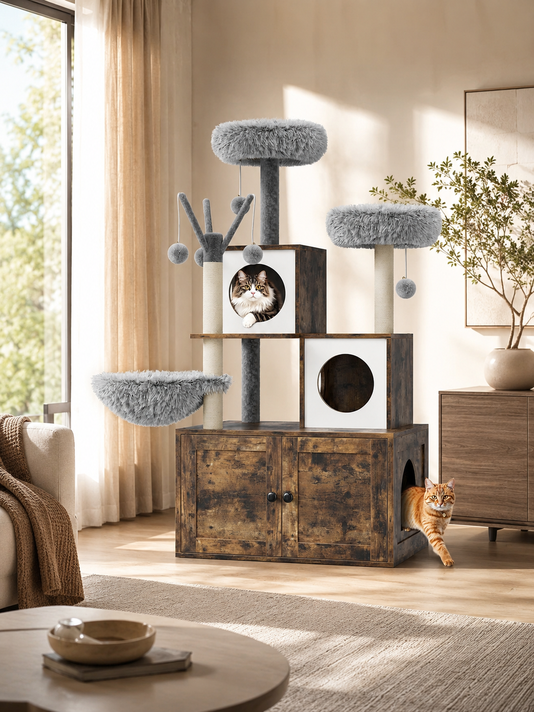 Arbre à Chat Litière marron avec Perchoirs et Jouets-Interieur