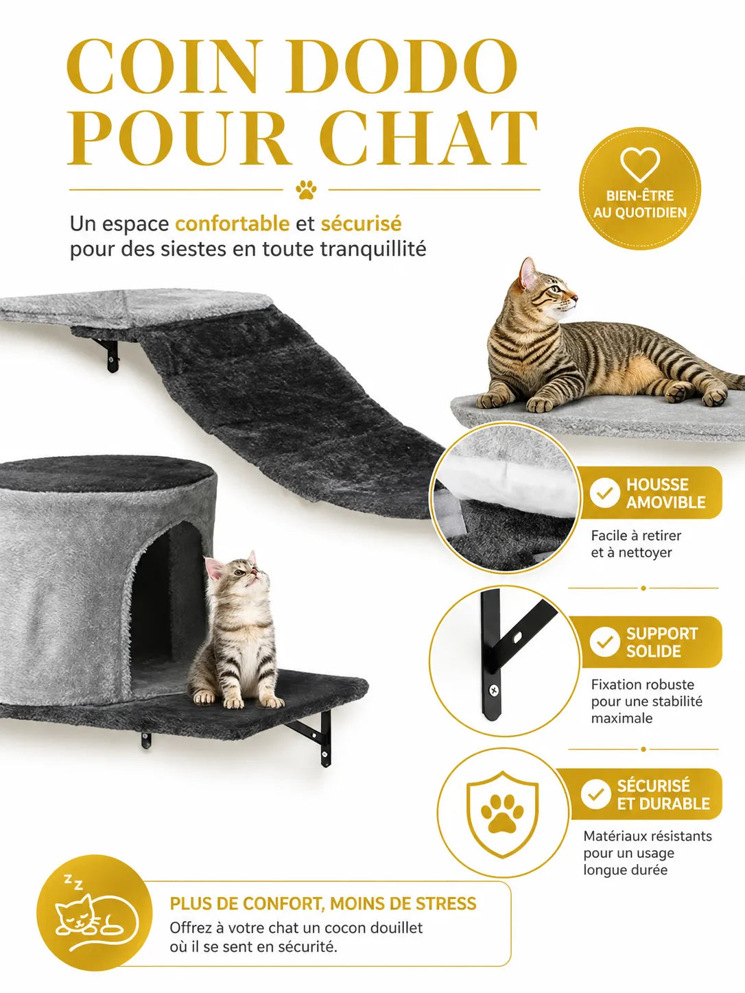 Arbre à Chat Mural 11 Pièces avec Niche-Célion-Caracteristique2