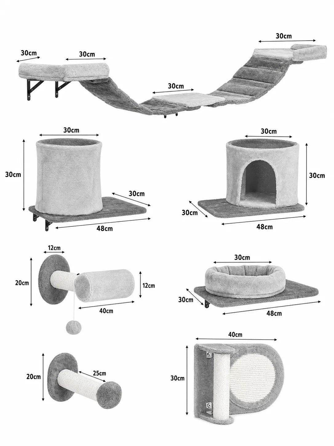 Arbre à Chat Mural 11 Pièces avec Niche-Célion-Dimensions