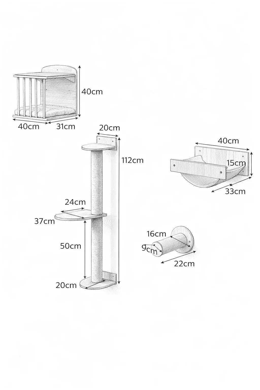 Arbre à Chat Mural 5 Pièces avec Niche et Hamac 3 Niveaux - Sylvéra  - Dimensions
