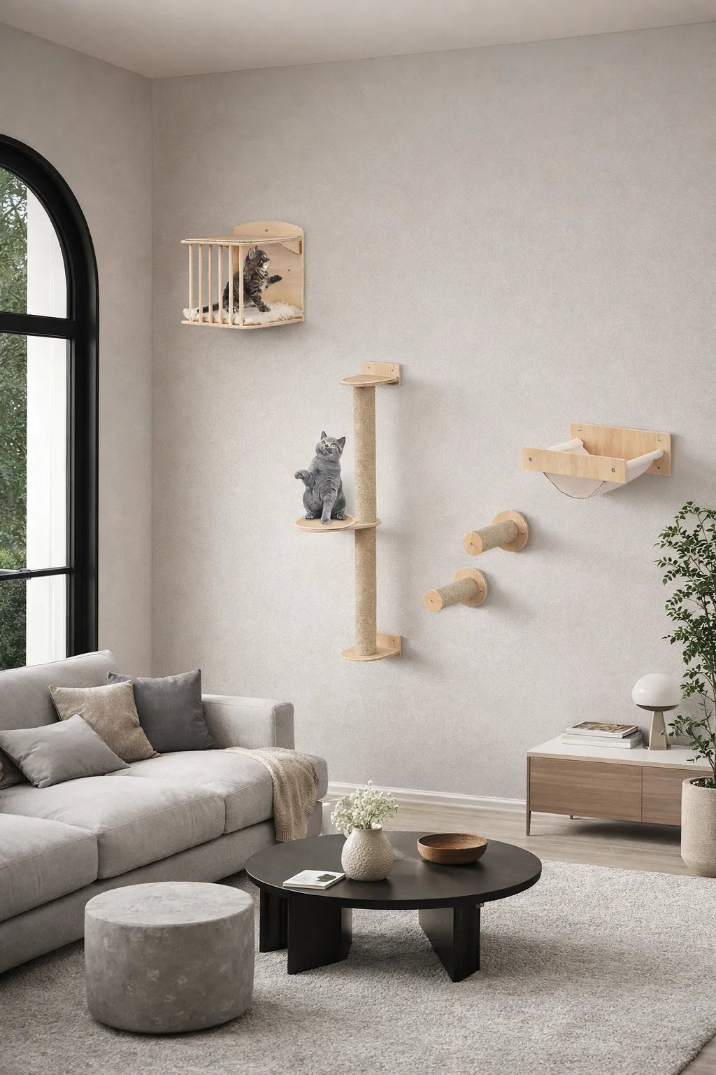 Arbre à Chat Mural 5 Pièces avec Niche et Hamac 3 Niveaux - Sylvéra - Interieur
