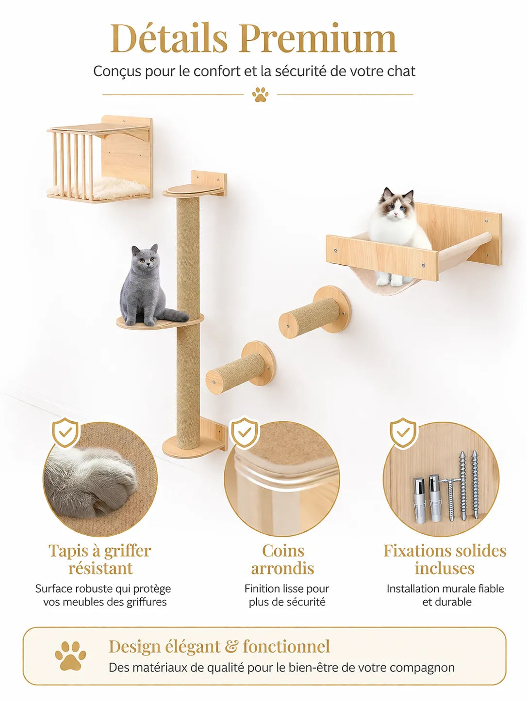 Arbre à Chat Mural 5 Pièces avec Niche et Hamac 3 Niveaux - Sylvéra - caractéristique  1