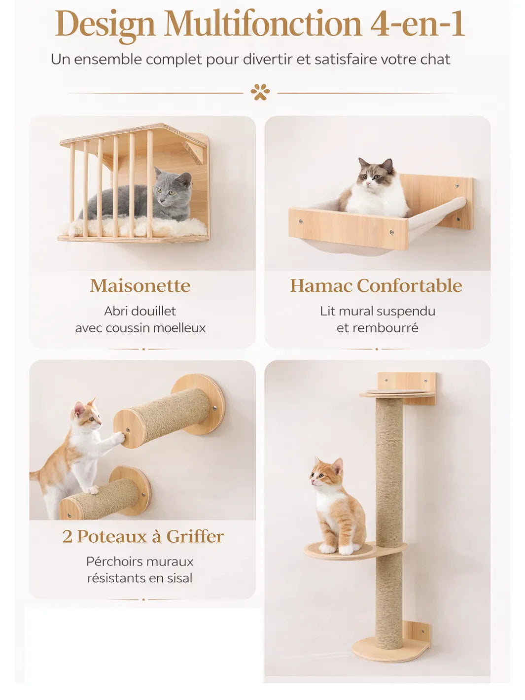 Arbre à Chat Mural 5 Pièces avec Niche et Hamac 3 Niveaux - Sylvéra - caractéristique  2