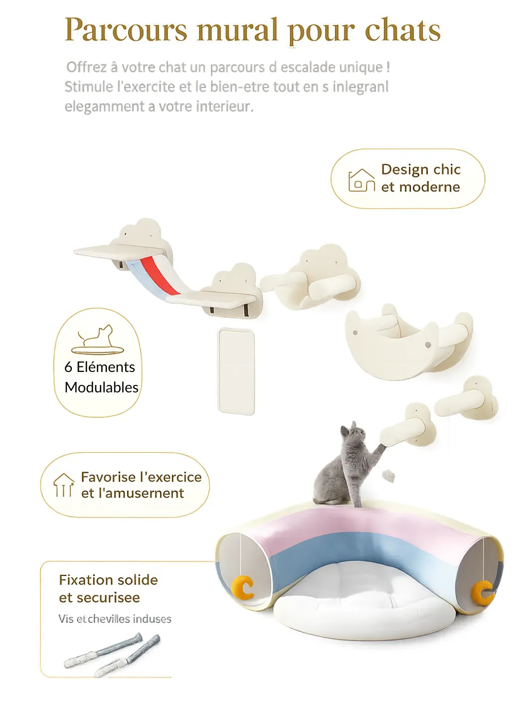 Arbre à Chat Mural 6 Pièces avec Hamacs Design et Échelle - Carcteristique 1