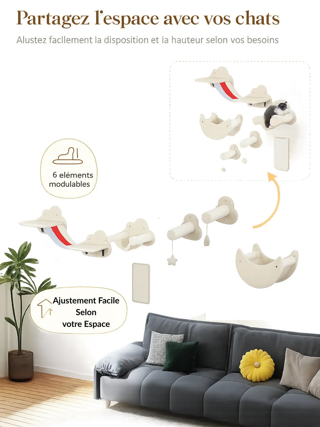 Arbre à Chat Mural 6 Pièces avec Hamacs Design et Échelle - Carcteristique 3