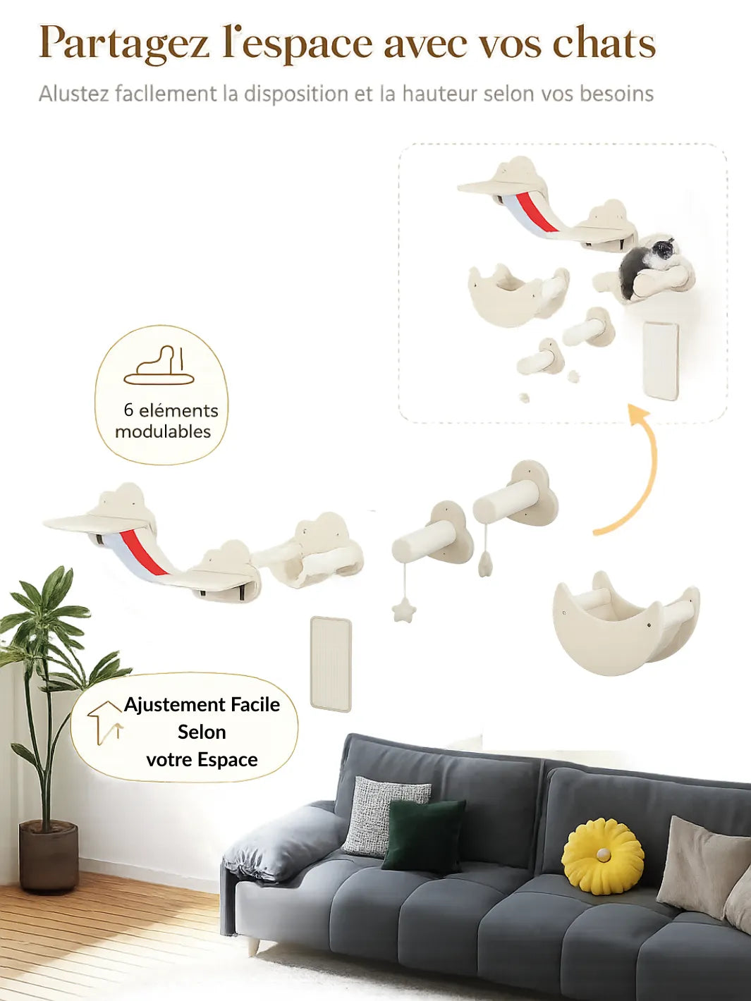 Arbre à Chat Mural 6 Pièces avec Hamacs Design et Échelle - Carcteristique 3