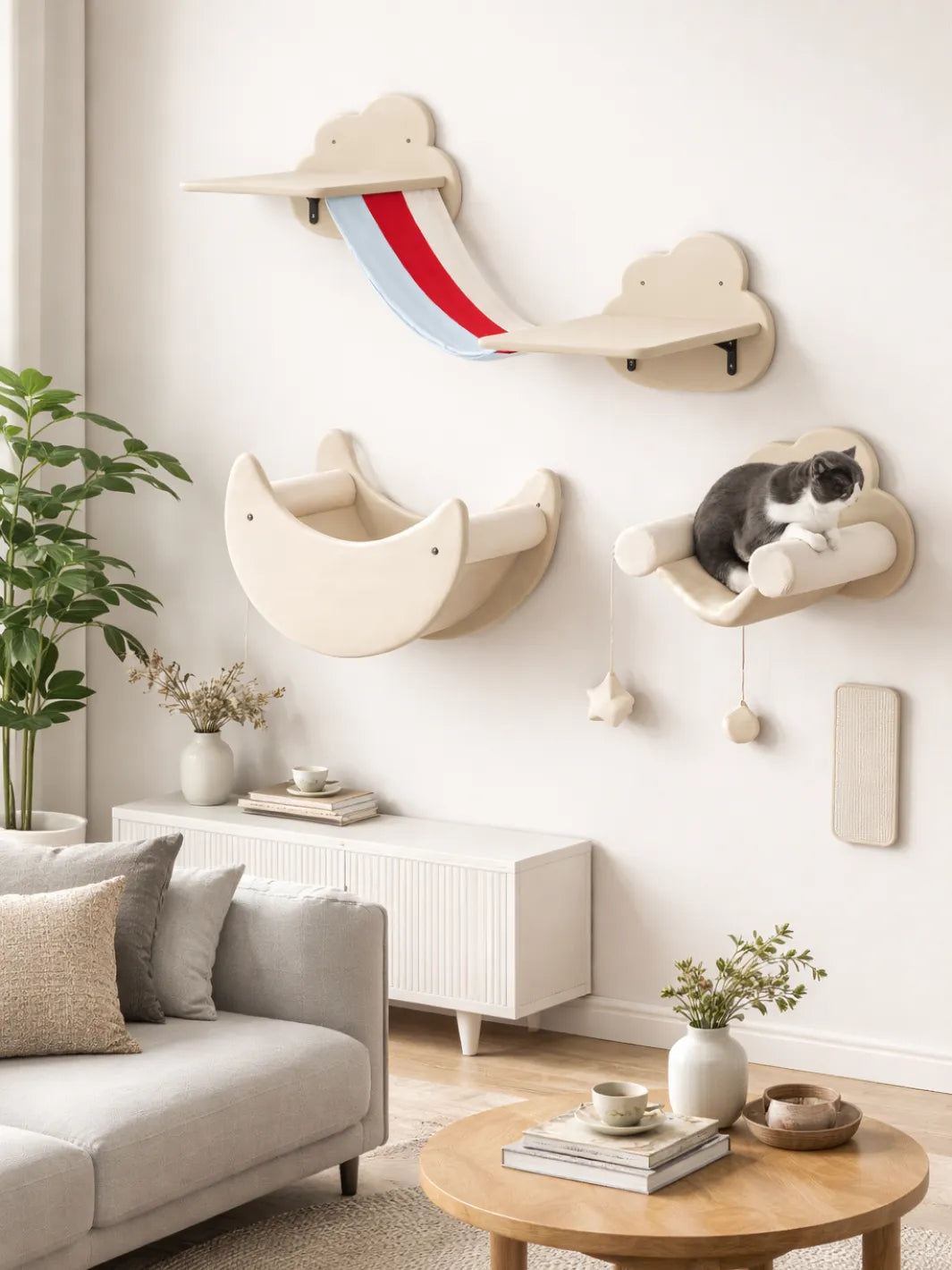 Arbre à Chat Mural 6 Pièces avec Hamacs Design et Échelle - Interieur