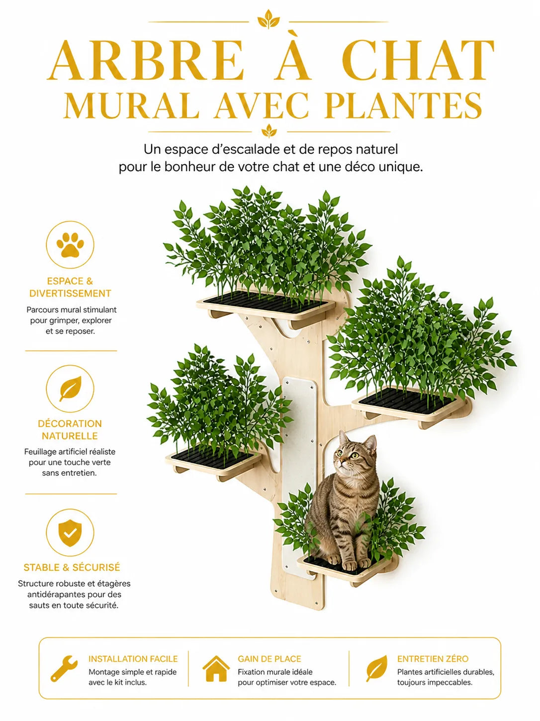 Arbre à Chat Mural Bois 3 Niveaux 155 × 210 cm-Pinéor- Caracteristique 3
