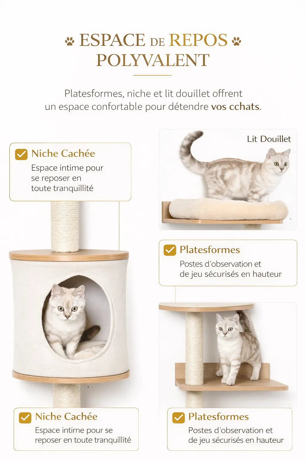 Arbre à Chat Mural Bois 3 Niveaux avec Niche - Altévo - Caracteristique 1