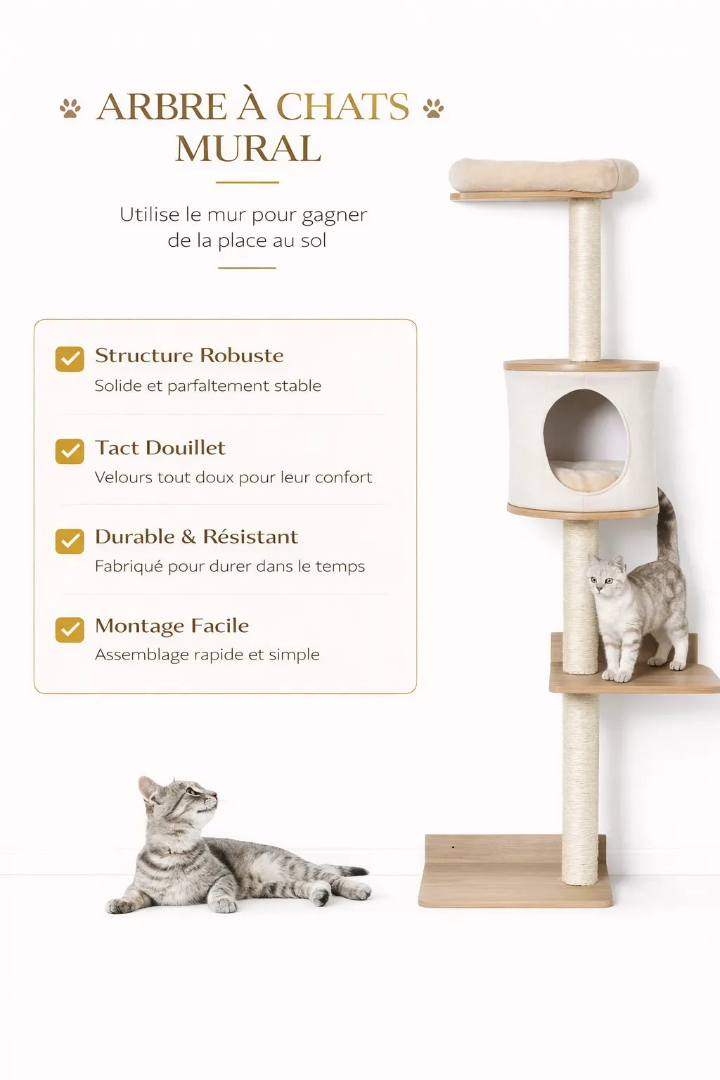 Arbre à Chat Mural Bois 3 Niveaux avec Niche - Altévo - Caracteristique 3