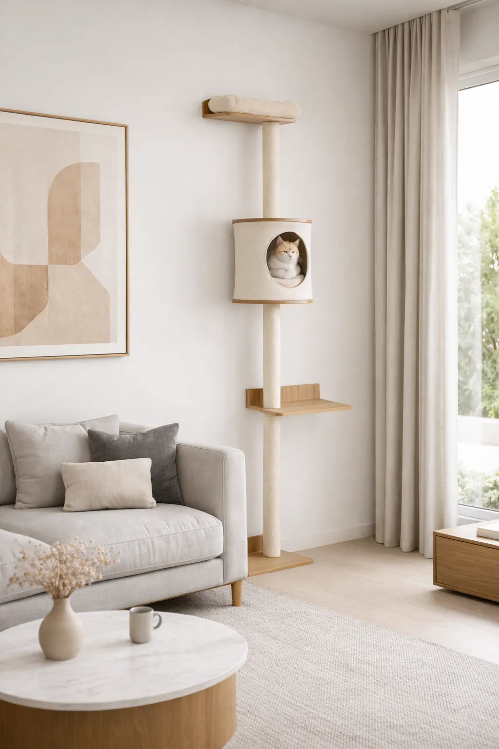 Arbre à Chat Mural Bois 3 Niveaux avec Niche - Altévo - Interieur