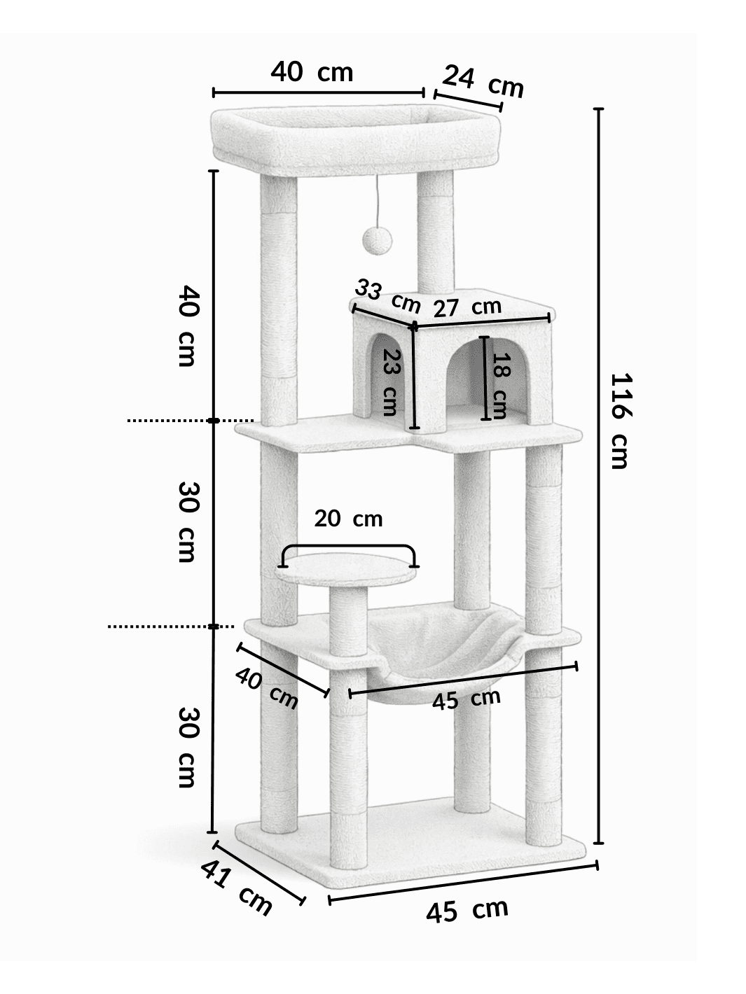 Arbre à Chat Vert 116 cm Style Cactus avec Condo, Hamac et Griffoirs en Sisal Dimensions