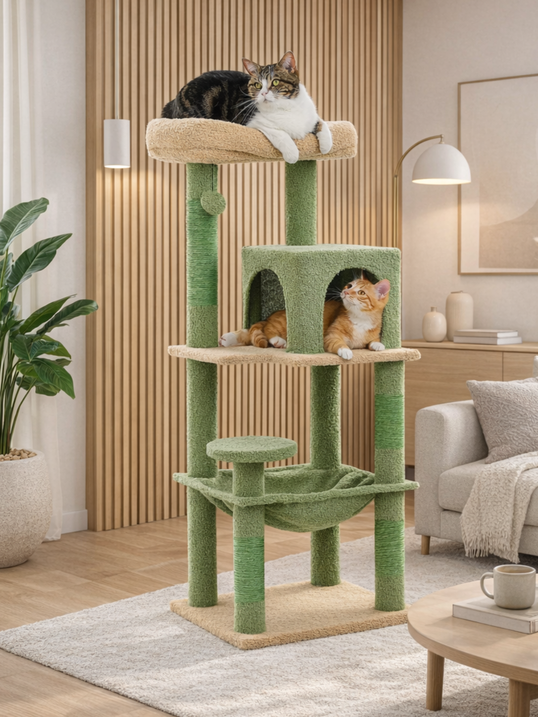Arbre à Chat Vert 116 cm Style Cactus avec Condo, Hamac et Griffoirs en Sisal Interieur