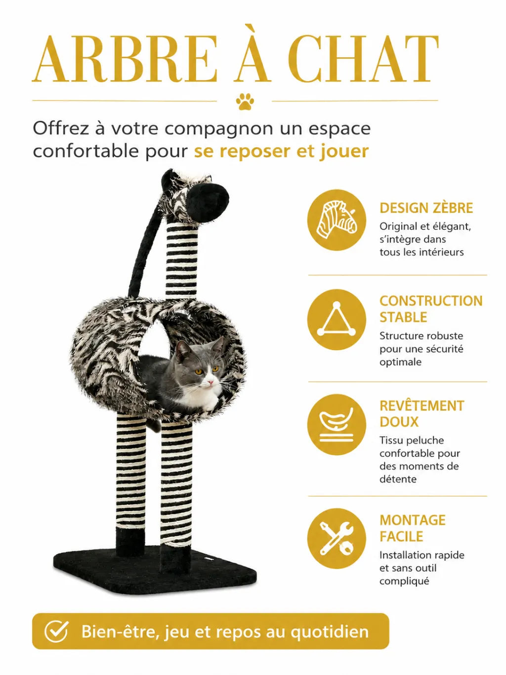 Arbre à Chat Zèbre avec Tunnel et Griffoirs-caracteristique1