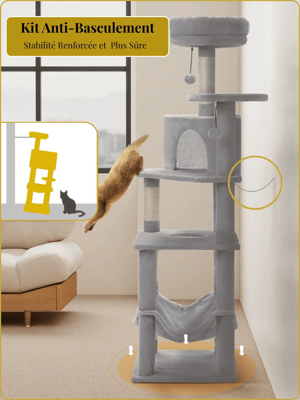 Arbre à Chat 140 cm avec Condos, Hamac et Griffoirs en Sisal | CATIUM