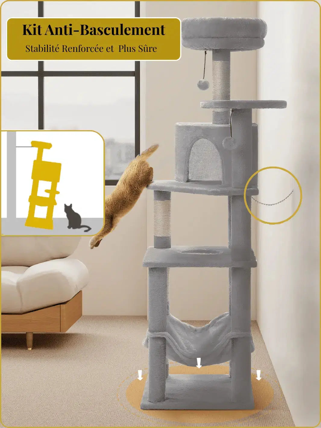 Arbre à Chat 140 cm avec Condos, Hamac et Griffoirs en Sisal - CATIUM