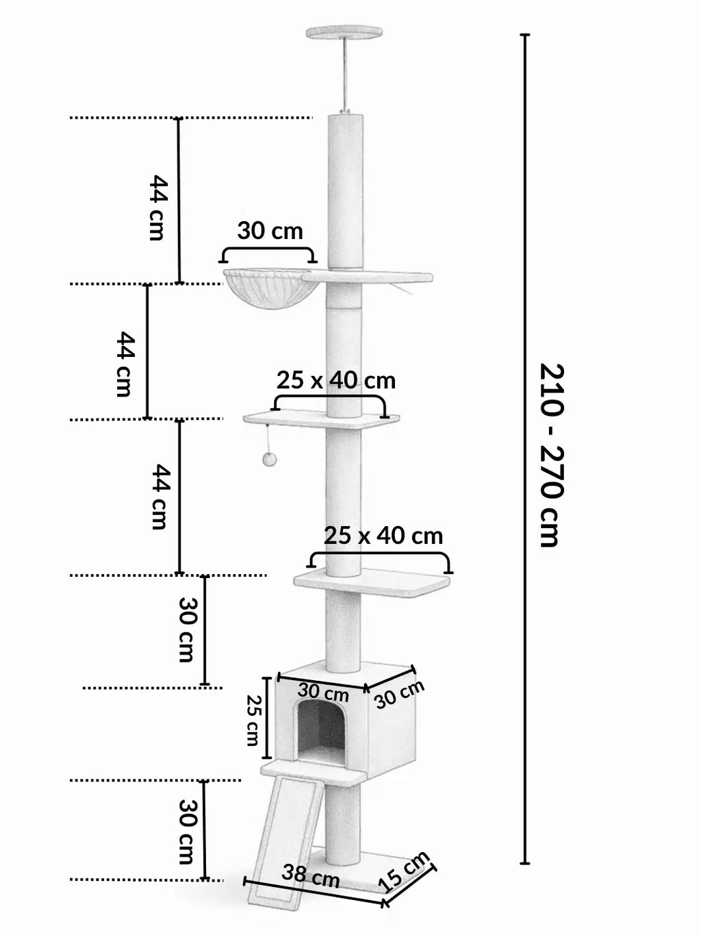 Arbre_a_Chat_210-274_cm_Ajustable_avec_Condo_et_Griffoirs_Dimensions - Catium