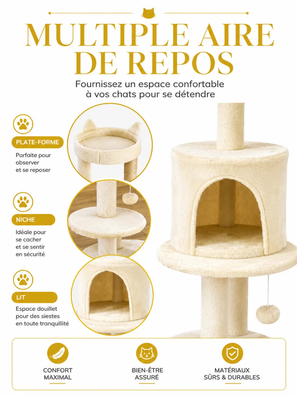 Arbre a Chat Beige 104 cm avec Niche et Griffoir-caracteristique1