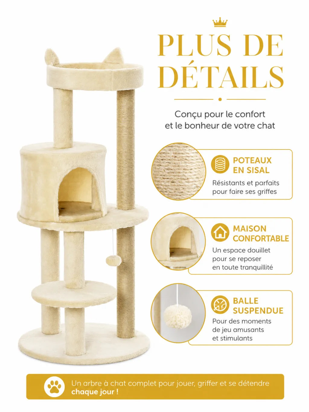Arbre a Chat Beige 104 cm avec Niche et Griffoir-caracteristique2