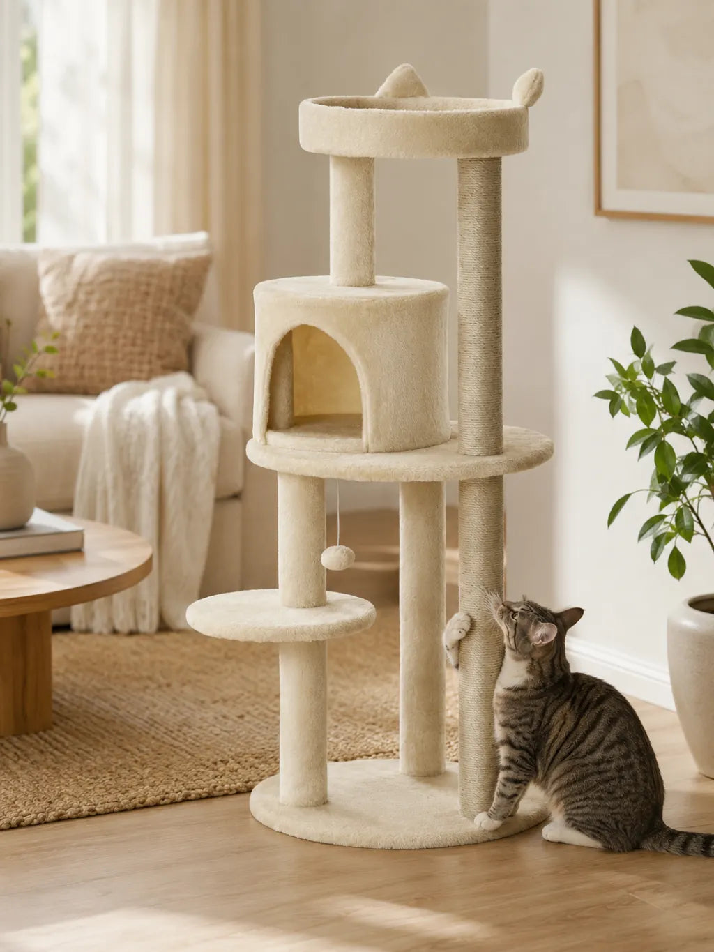 Arbre a Chat Beige 104 cm avec Niche et Griffoir-interieur