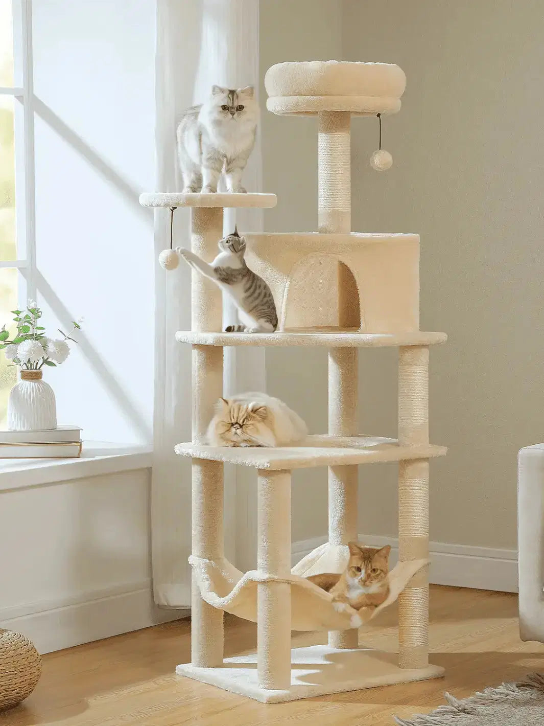 Arbre à Chat Beige 140 cm avec Condos, Hamac et Griffoirs en Sisal - Sablino - CATIUM