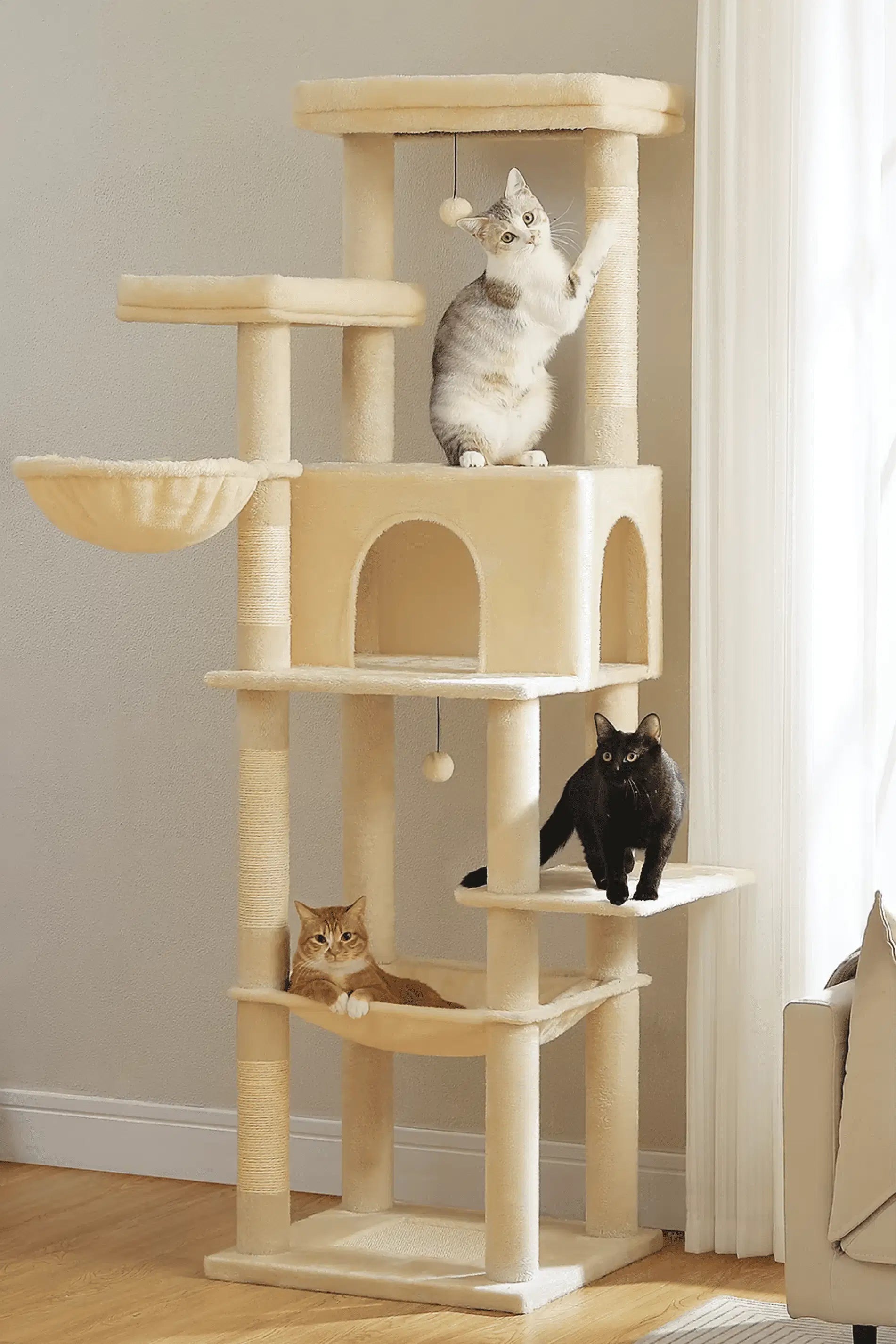 Arbre à Chat Beige 186 cm avec Plateformes et Griffoirs en Sisal - Lunara
