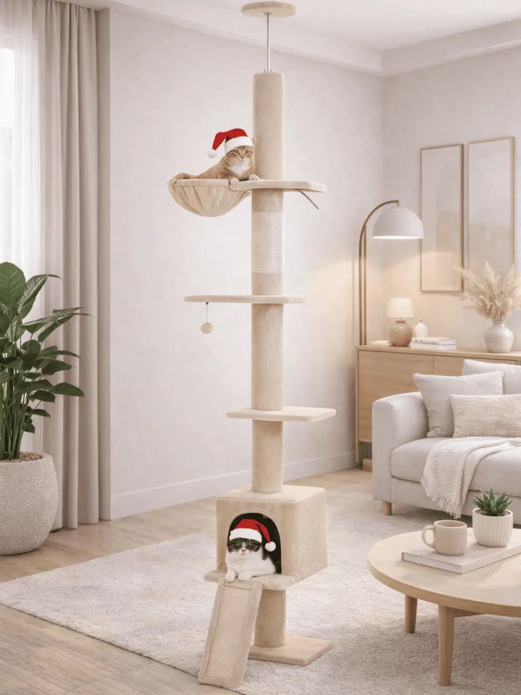 Arbre_a_Chat_Beige_210-274_cm_Ajustable_avec_Condo_et_Griffoirs_Interieur - Sablina - Catium