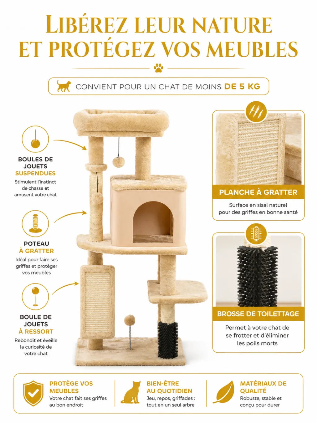 Arbre a Chat Beige avec Brosse et Balles de Jeu-caracteristique2