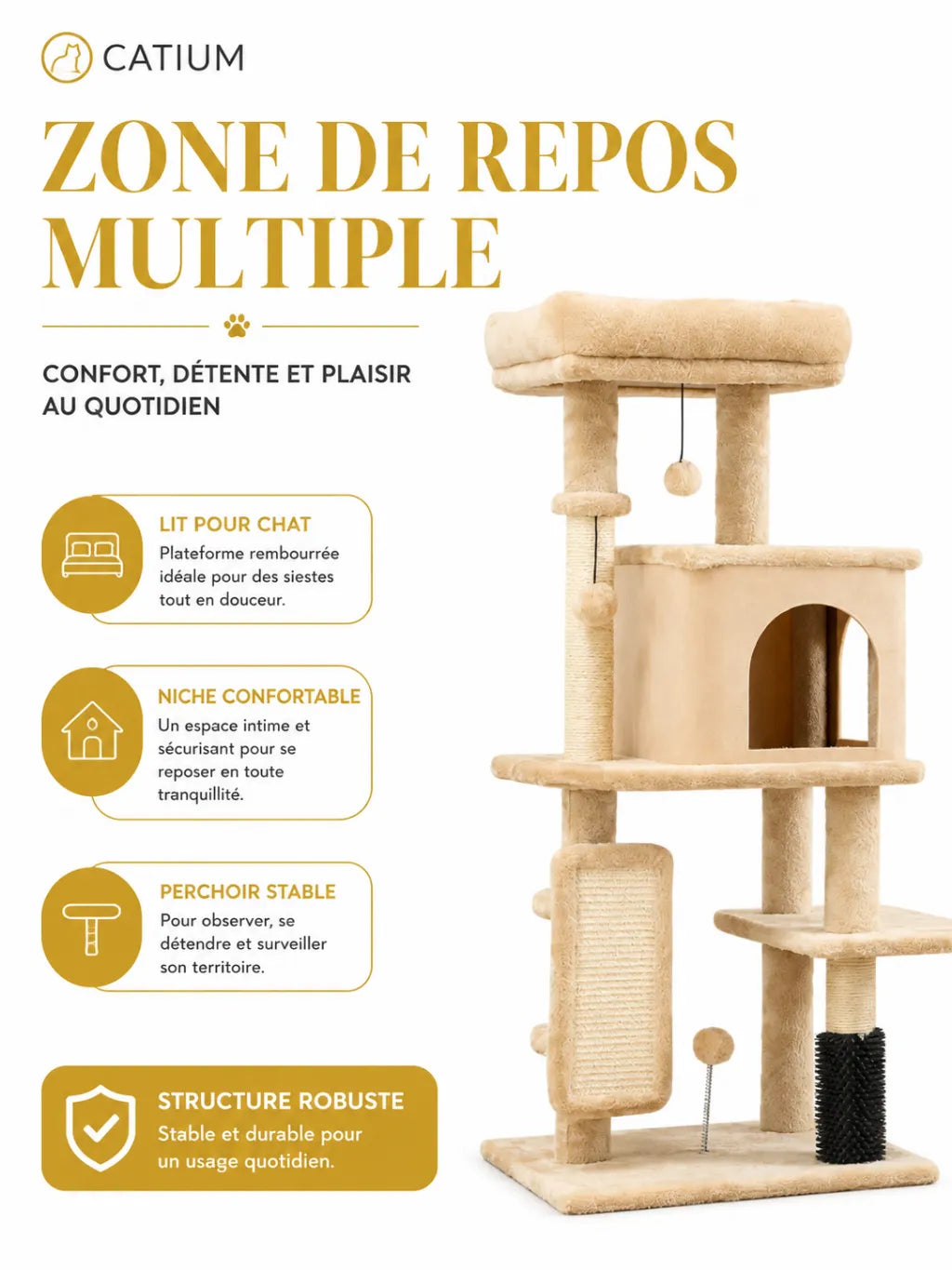 Arbre a Chat Beige avec Brosse et Balles de Jeu-caracteristique3