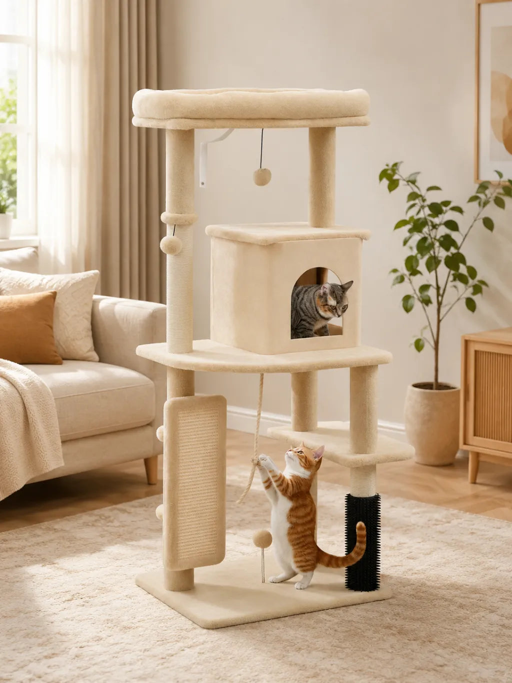 Arbre a Chat Beige avec Brosse et Balles de Jeu-interieur