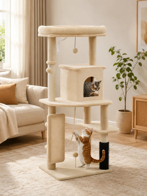 Arbre a Chat Beige avec Brosse et Balles de Jeu-interieur