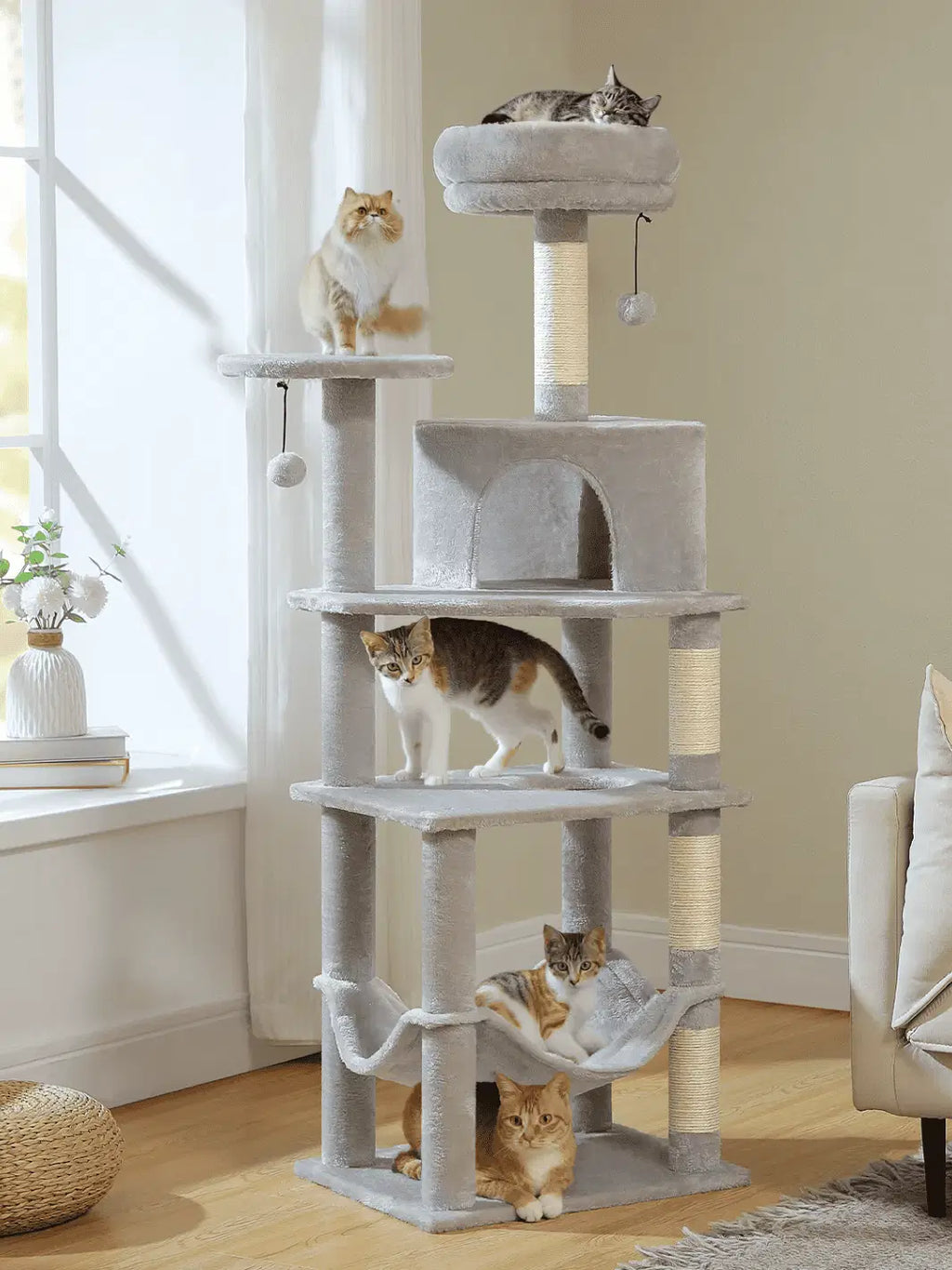 Arbre à Chat Gris 140 cm avec Condos, Hamac et Griffoirs en Sisal - Grisoline - CATIUM