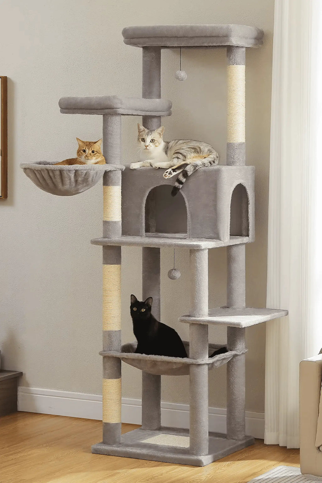 Arbre à Chat Gris 186 cm avec Plateformes et Griffoirs en Sisal - Élégara - Catium