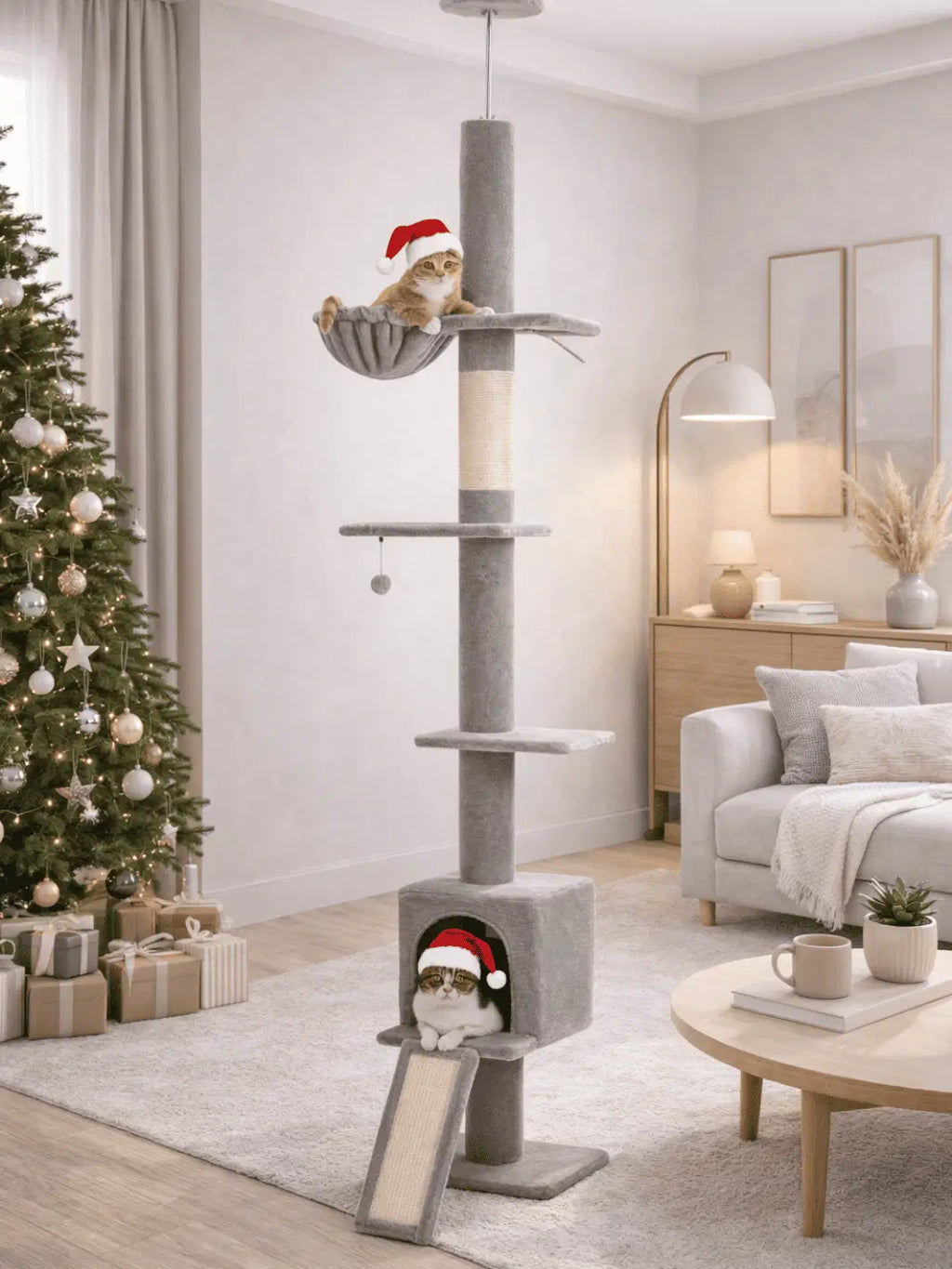 Arbre à Chat Gris 210-274 cm Ajustable avec Condo et Griffoirs - Lunéa - Catium