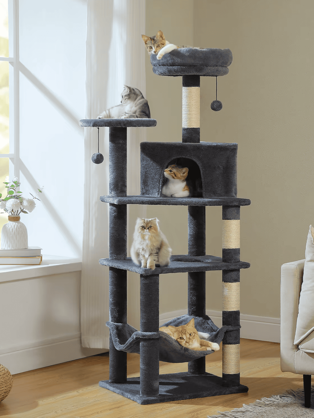 Arbre_a_Chat_Gris_Fonce_140_cm_avec_Condos_Hamac_et_Griffoirs_en_Sisal_Interieur