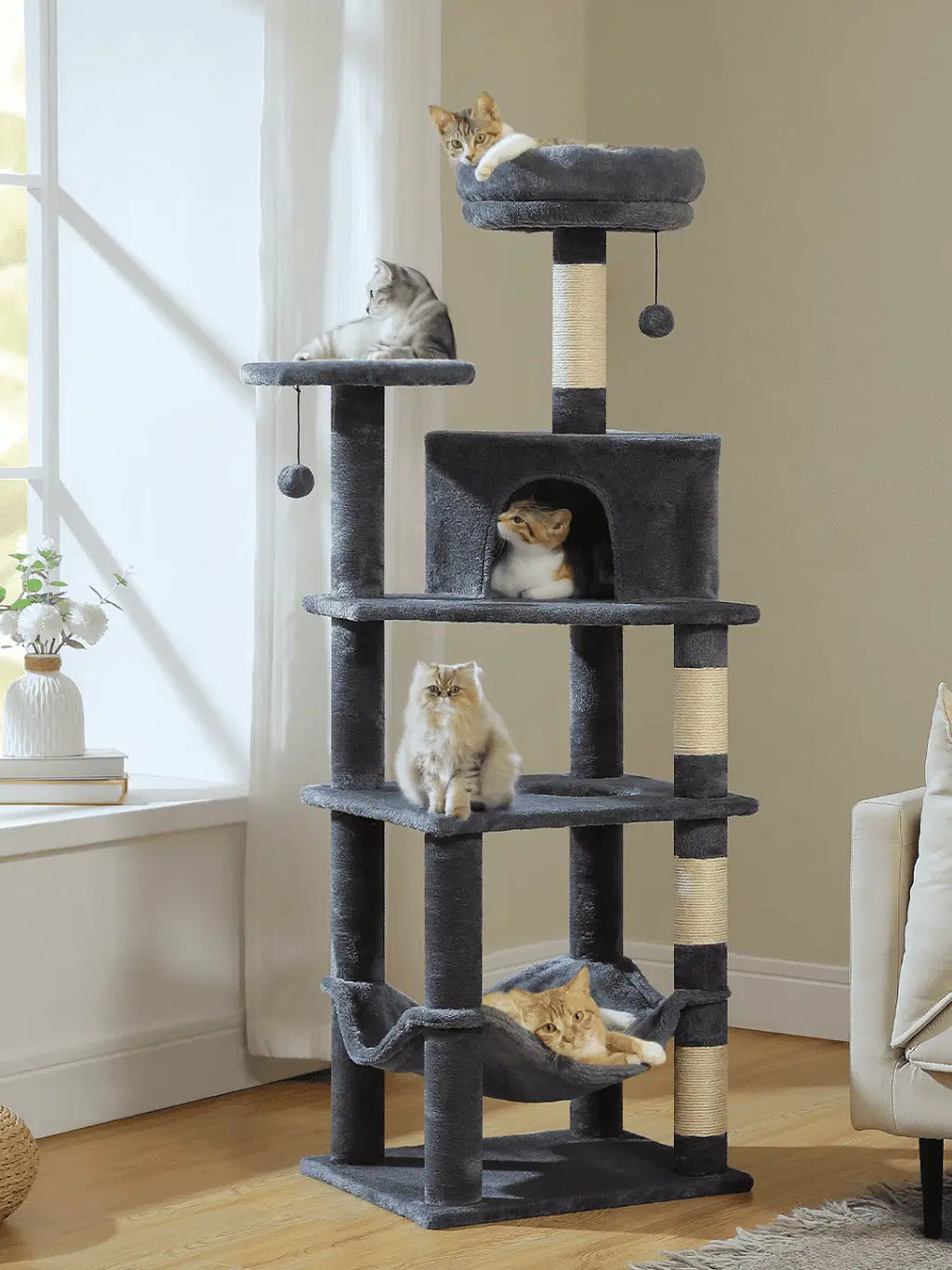 Arbre à Chat Gris Foncé 140 cm avec Condos, Hamac et Griffoirs en Sisal - Sombrelle - CATIUM