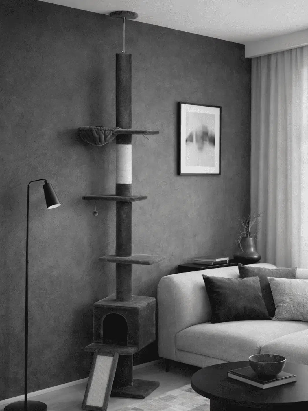 Arbre_a_Chat_Gris_Fonce_210-274_cm_Ajustable_avec_Condo_et_Griffoirs_Interieur - Obscuria - Catium