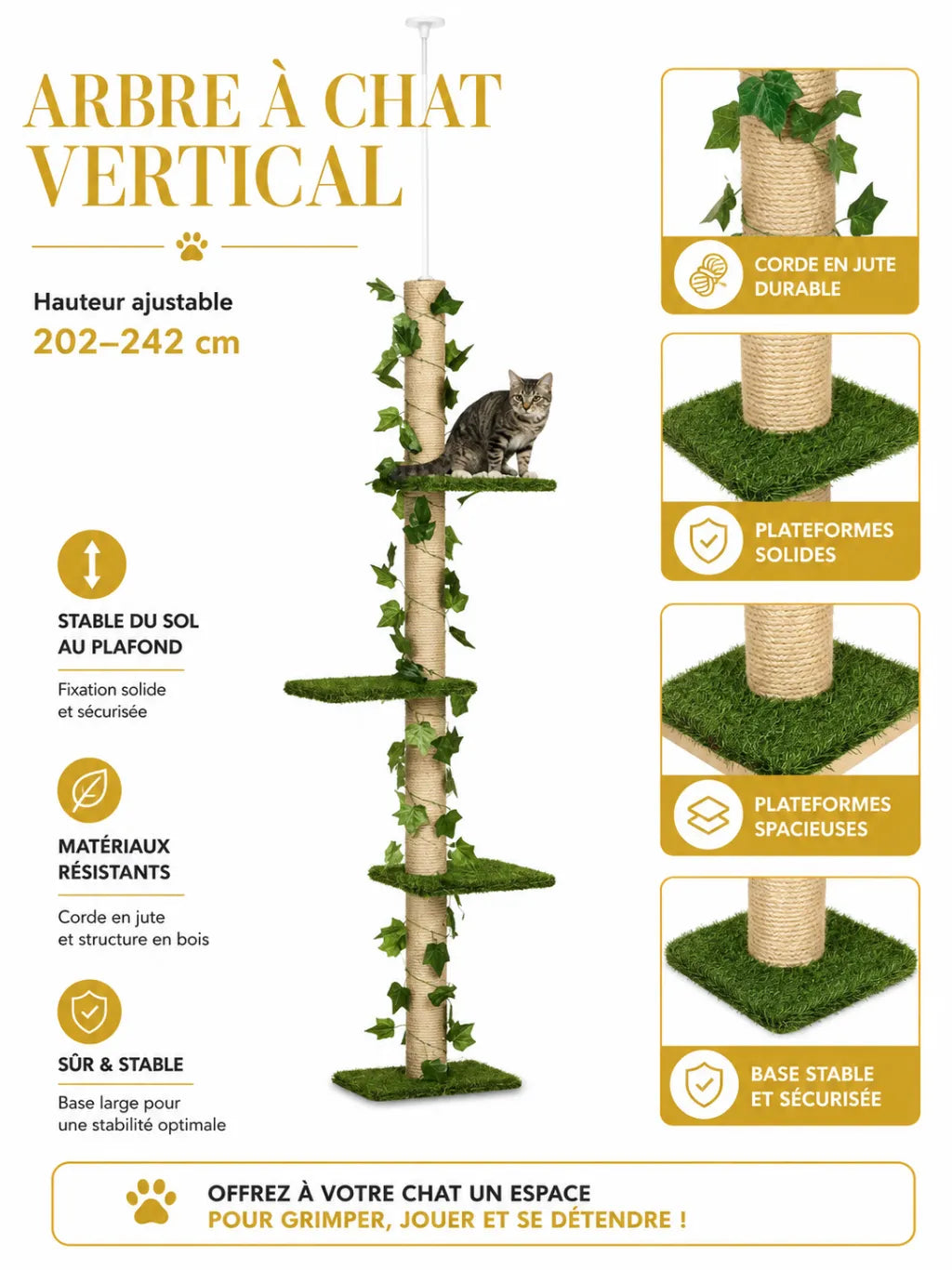Arbre a Chat Plafond Vert 242 cm avec Hamac-caracterstique1